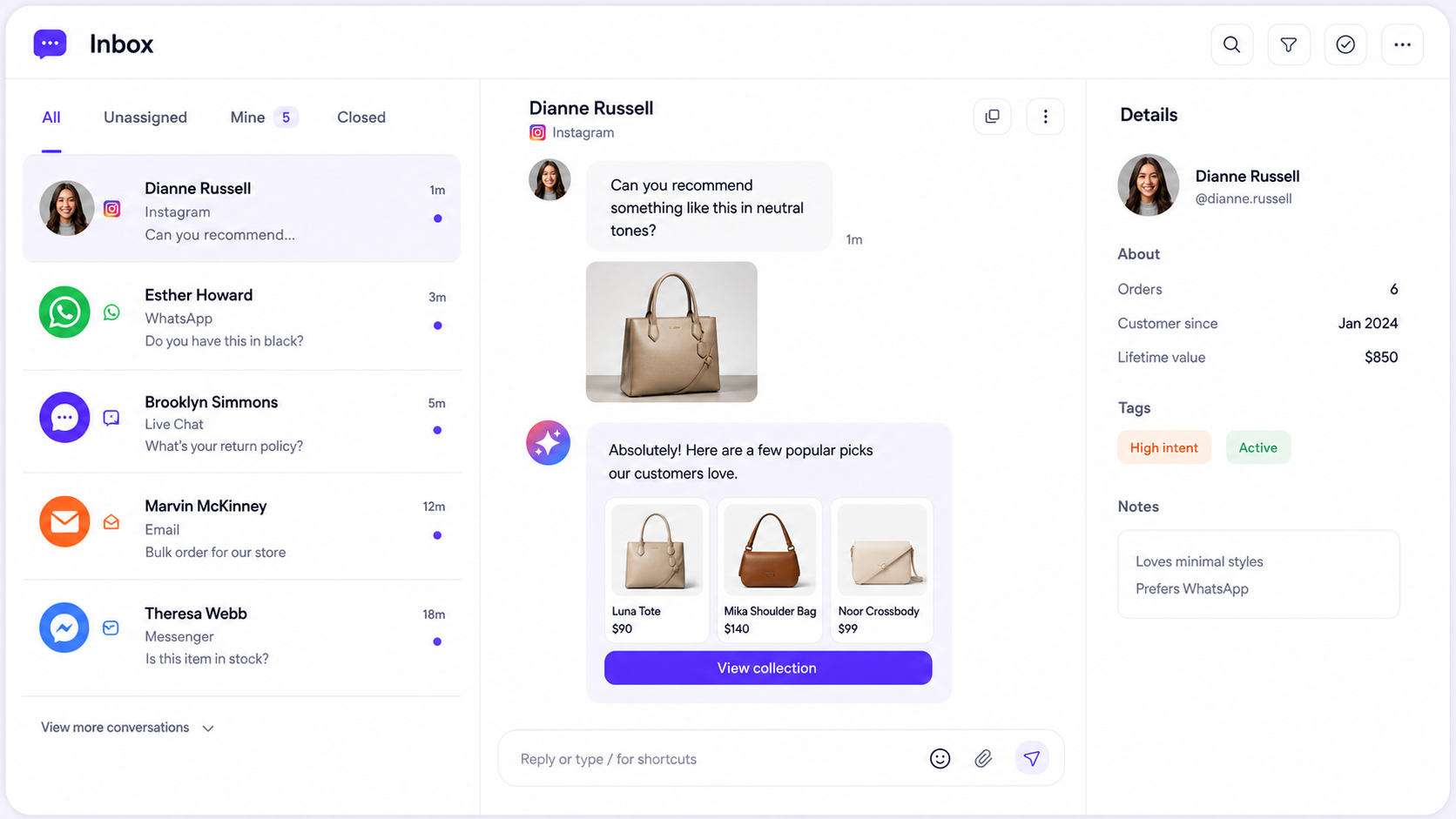 Bimo omnichannel inbox with conversations, AI product recommendations, and customer details