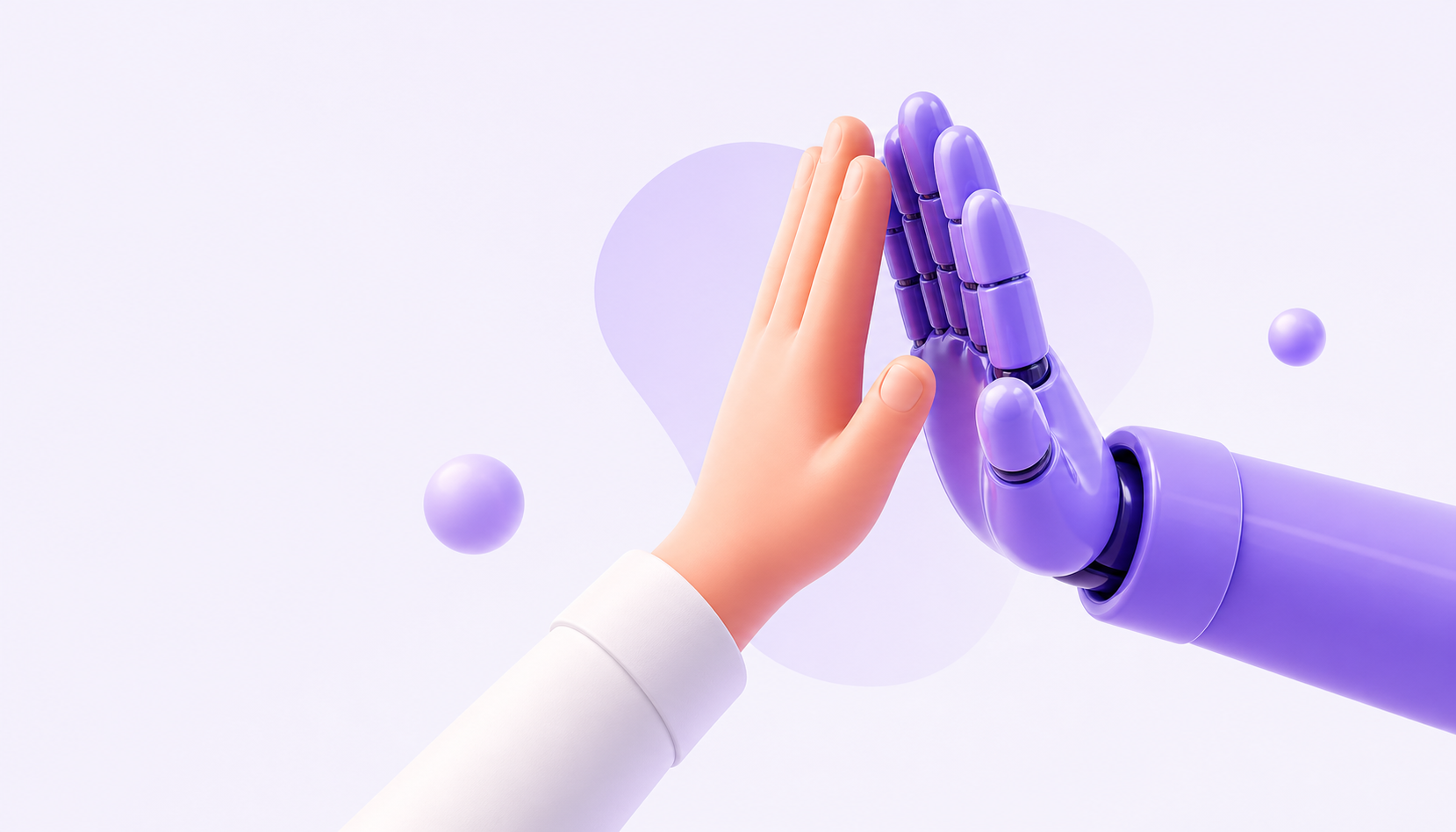 Coral human hand and violet AI hand meeting in a high five
