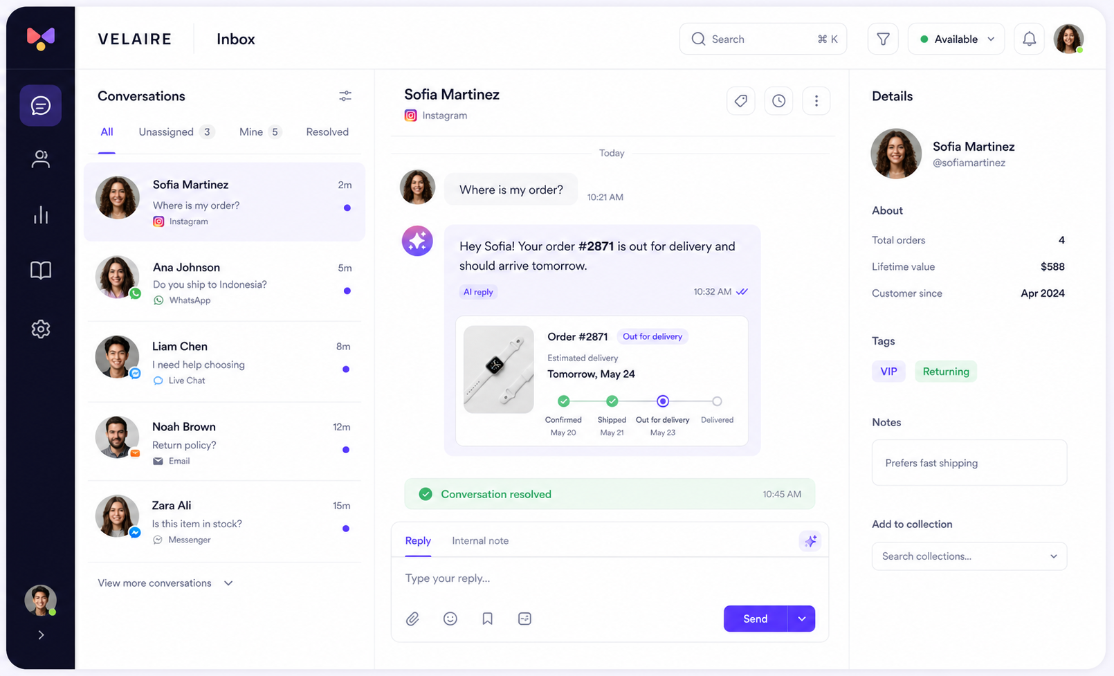 Bimo inbox tracking a customer delivery conversation with AI assistance