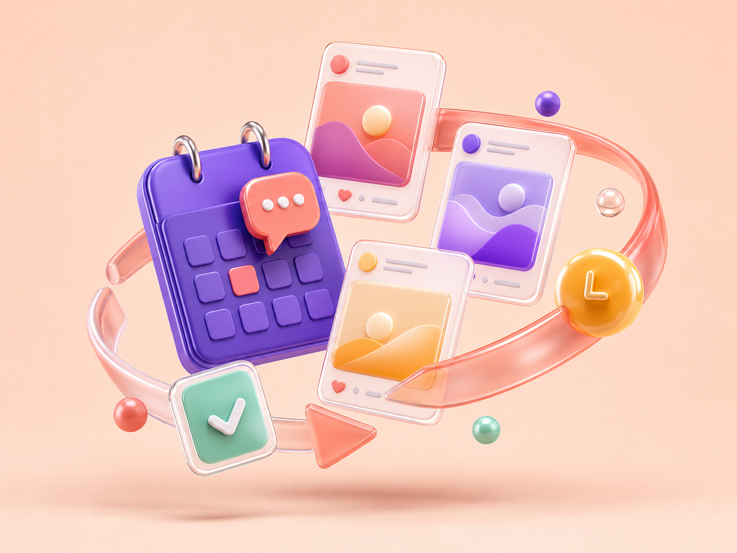 Sculptural calendar and scheduled social media post illustration